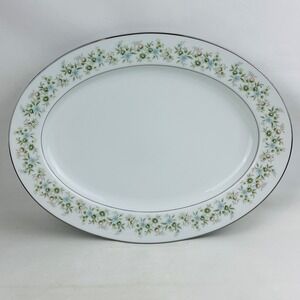 Noritake Savannah‎ 13" Oval Serving Platter Floral Platinum Rim Japan 2031